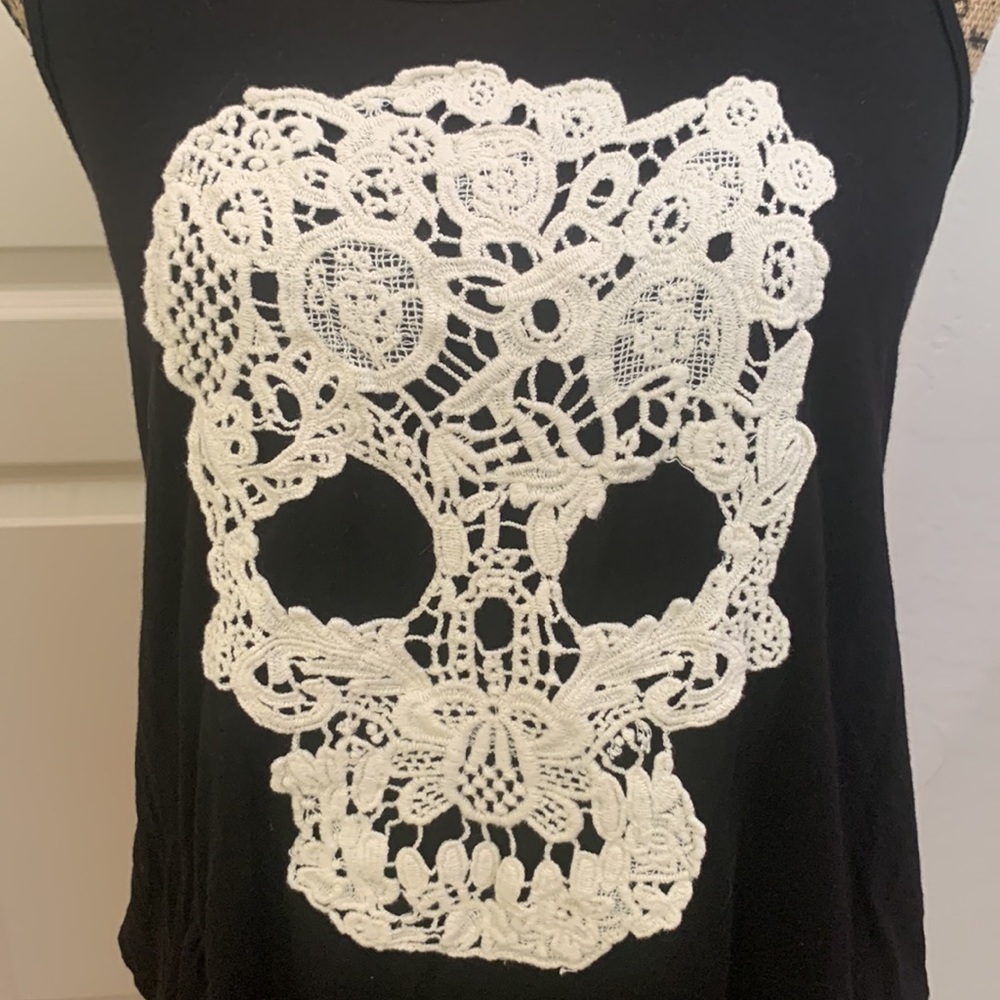 Crochet Sugar Skull Black Racerback Sleeveless Tank Top Size M - Picture 5 of 8